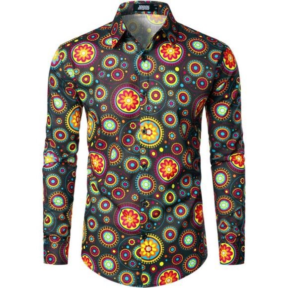 Mens Floral Dress Shirt Long Sleeve Printed Brown Multicolor - Picture 1 of 7